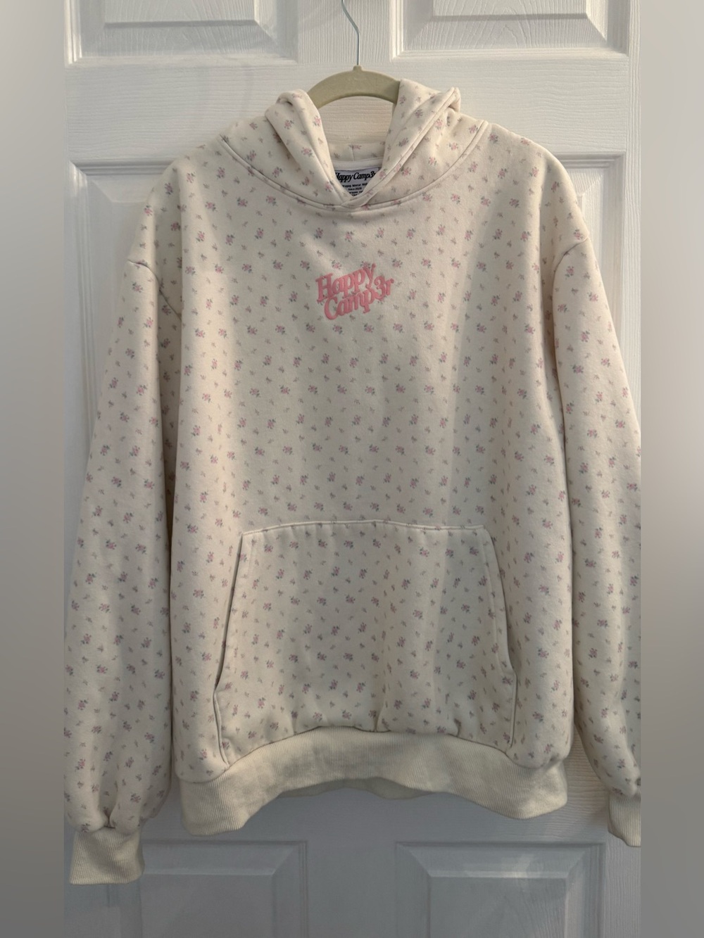 Happy Camper Cream Hoodie with Pink Script